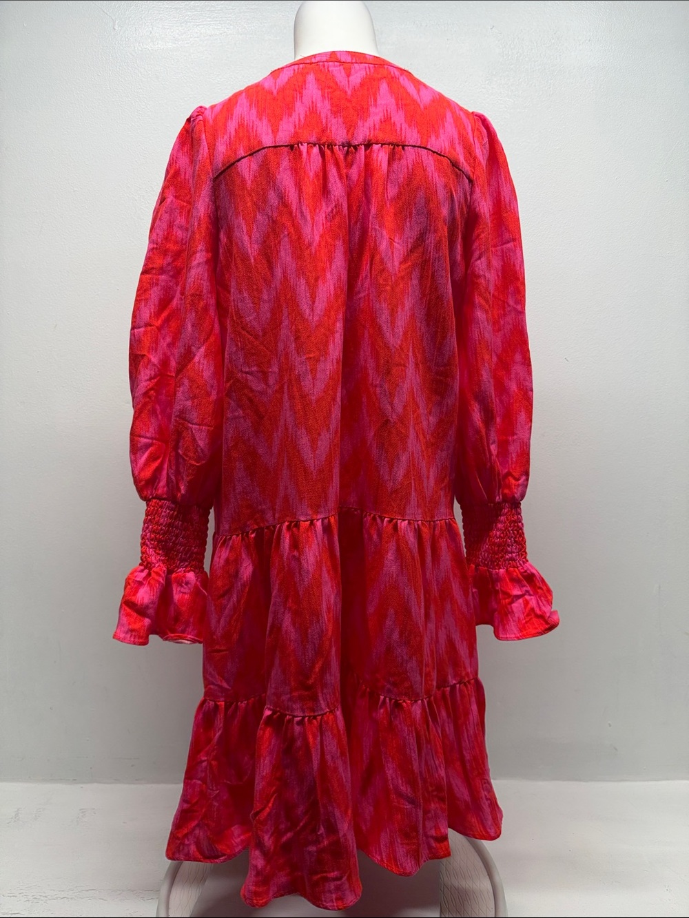 Pomander Place Kenzo Dress Mini Flare V Neck Tiered Ruffle Long Sleeve Pink XS - Picture 4 of 8